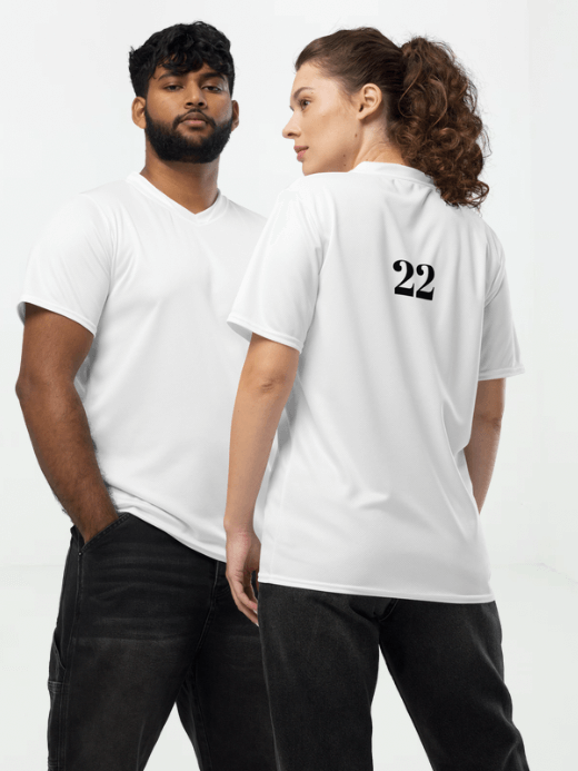 Genflex gender neutral genderful Women’s woman womens Men’s man mens white Crewneck short-sleeves relaxed fit Recycled crew neck top Petite-, tall-, plus-, size round O-neck tops tees in white with black number 22 accent Graphic on back Letter Print Oversized T-Shirt white vacation holiday getaway sports fitness activewear sportswear T-shirts