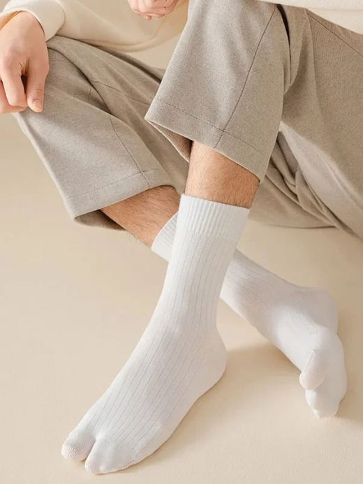Men's man mens 2 Toe Socks Flip Flop Sandal 2 Toe Middle Tube Socks Solid Color Striped Split Toe Socks Business Casual Cotton Socks in White