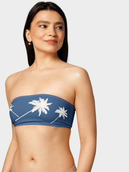 Women’s woman womens Recycled Bandeau Bikini Top Coconut tree silhouette illustration graphic is cosmic latte white on blue soft and stretchy recycled polyester Flexible bikini Minimal coverage bikinis tops