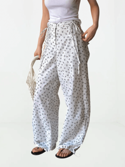 Women’s woman womens petite size Floral print Loose Two Straps drawcord Wide Leg high rise drawcord drawstring waist Trousers White/Navy Blue Summer holiday getaway vacation Fashion Thin Cargo Pants in white