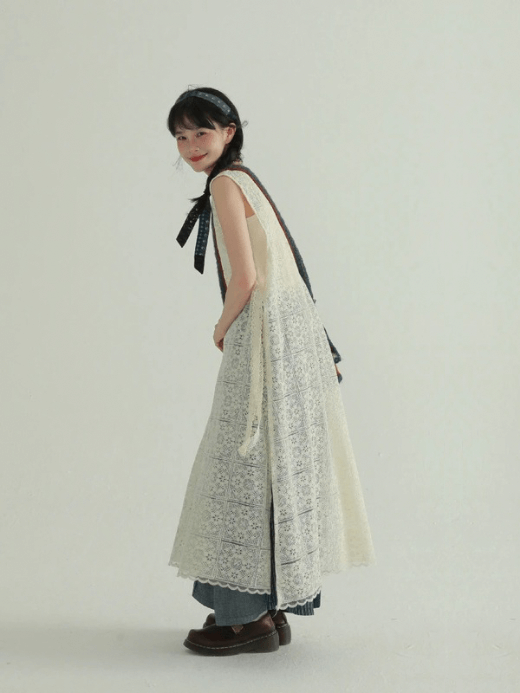 Women’s woman womens Japanese unique rare floral pattern boatneck hollow out layered loose sleeveless long skirt Vintage Spring Autumn gown side slits with lace-up tie-back vest dresses in cream-white