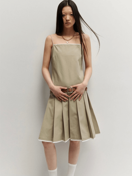 Women’s woman womens petite size Elegant pleated patchwork embroidered The Nile sleeveless round crew O-neck spaghetti straps pleats gauze skirt Commute friendly design midi A-line Dress Spring Summer season The LUX Collection crewneck dresses in khaki color