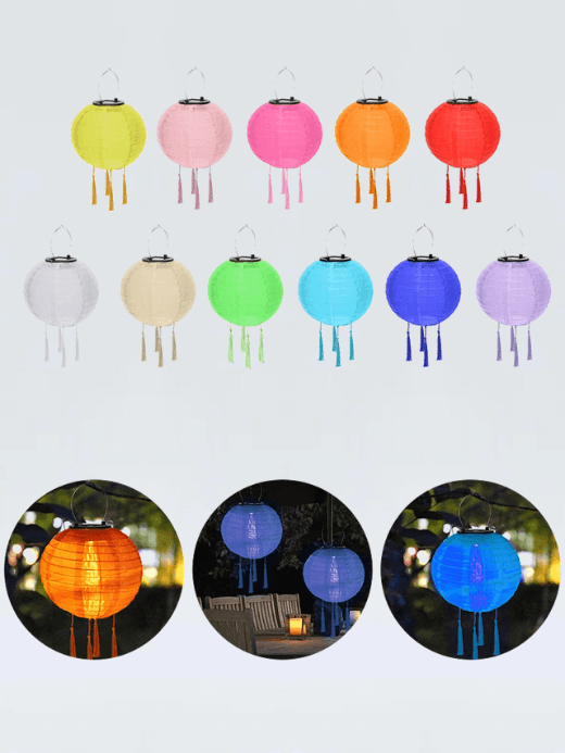 8 inch Waterproof Solar LED Japanese Chinese Lantern Nylon Hanging Lamp Outdoor Festival Wedding Birthday Party Lighting Decorations Lights in White, Red, Cream beige, Blue, Yellow, Light blue, Rose Pink, Pink, Orange, Lilac purple 8″