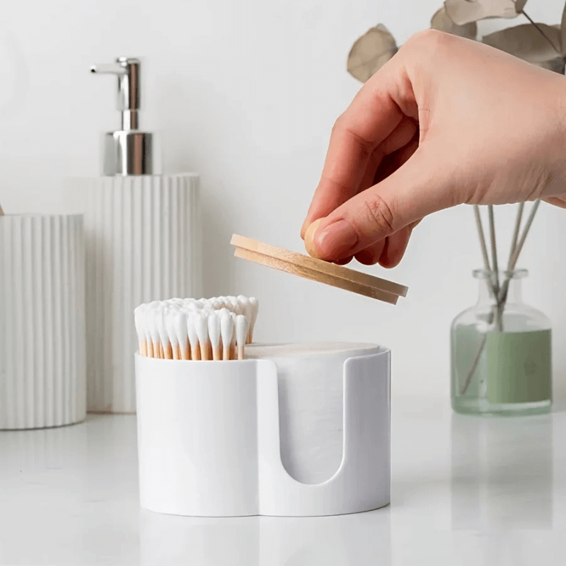 Round Cotton Pad Holder 2-in-1 accessory Powder Puff Storage Boxes Home Cotton Swabs Box Makeup Organizer Dustproof bamboo wooden lid with knob handle Portable Durable Bathroom Jar holders accessories in white