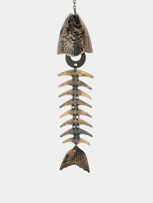 Vintage Iron metal Fish Skeleton Windchime Cast Iron Fish Bone Metal Wind Chimes for Outdoor Garden Decor Melody for Home entryway, Yard, Porch B9S5 copper bronze color