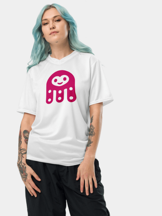 Genflex gender neutral genderful Women’s woman womens Men’s man mens Petite-, tall-, plus-, size Kawaii white Crewneck short-sleeves relaxed fit Recycled crew neck tops round O-neck tops crew neck tees in white with black gray miteigi logo accent Graphic on back Letter Graphic rose-pink Octopus illustrated Print Oversized T-Shirt white vacation holiday getaway sports fitness activewear sportswear T-shirts