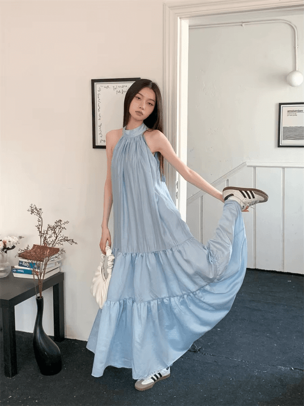 Women’s woman womens Sky Blue Long For Women Sleeveless Ball Gown Drape Bow Tie Halter patchwork Maxi Dress European Clothing Summer vacation holiday getaway dresses