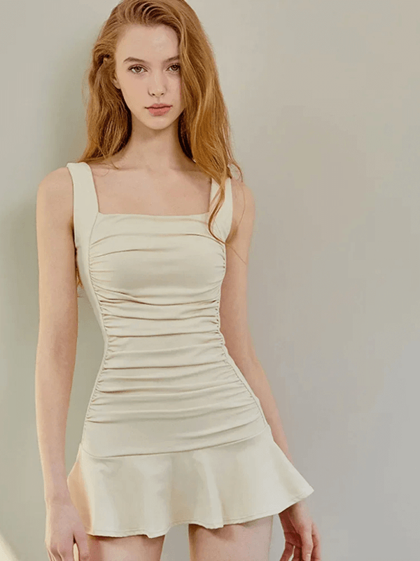 Women’s woman womens tall-, plus-, size Sexy Strap Pure Desire ruched pleats Slimming Gown Cross-Border Simple And Stylish pleated skirt Swimwear One-Piece Swimsuit in beige