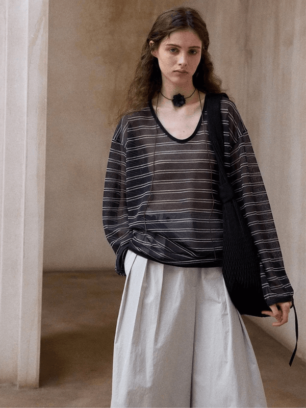 Women’s woman womens Original Modern Design Silk Linen Sheer Thin Semi-Transparent Striped Cover up scoop neck Korean Sle Loose Fit Long sleeves scoopneck mid Length stripes Tops Blouses in Dark Gray, with white stripes