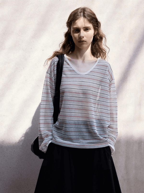 Women’s woman womens Original Modern Design Silk Linen Sheer Thin Semi-Transparent Striped Cover up scoop neck Korean Sle Loose Fit Long sleeves scoopneck mid Length stripes Tops Blouses in light gray grey, with red stripes