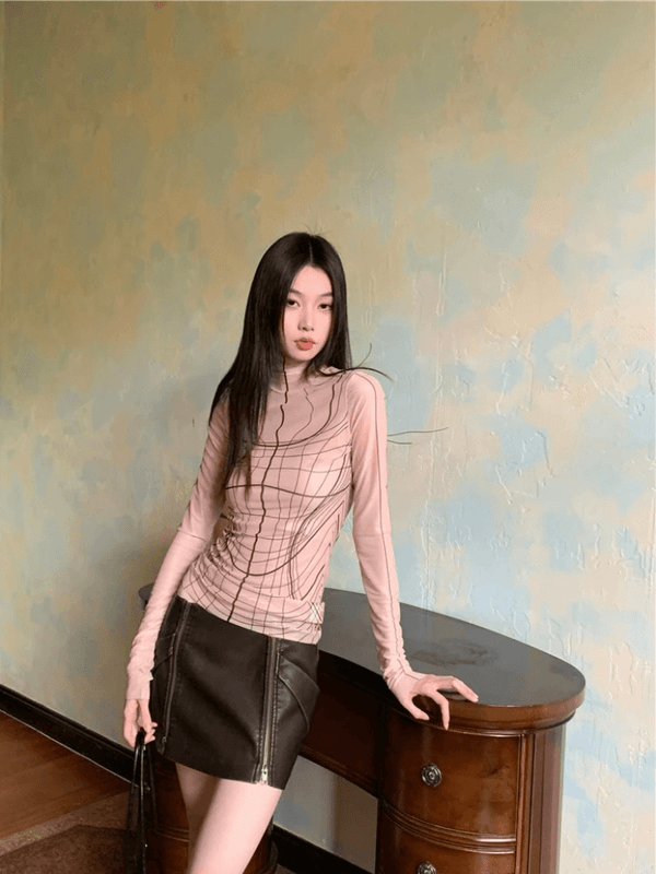 Women’s woman womens Designer mesh long sleeves sheer mockneck turtleneck see through top Tees T-Shirts in pink