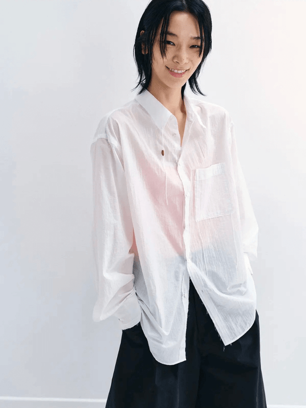Women’s woman womens office wfh workwear Textured Thin Cotton Tassel V8968 Loose Fit Long sleeves Turn-down point Collar chest pocket tailored sheer see through Mid-length shirts in white