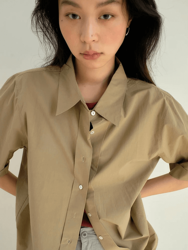Women’s woman womens Nothing Nowhere Short Sleeves Embroidered Pure Cotton Button up turn-down point collar office Business wfh Casual Shirt workwear shirts in khaki mushroom brown