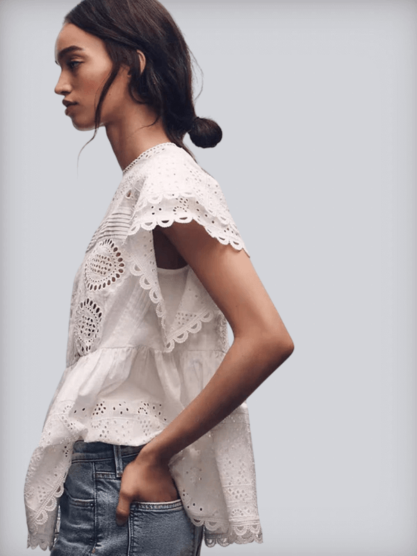 Women’s woman womens Crewneck double layer hollow out embroidery madera short bat sleeves lace cotton round O-neck shirt Crew neck tops in white