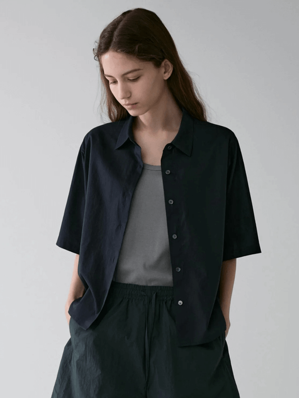 Women’s woman womens Loose Fit Pure Cotton Short Sleeves T-Shirt Summer Vacation holiday getaway Commute turn-down collar Solid Color Pattern bottoming hem Business casual office wfh workwear shirts in Black