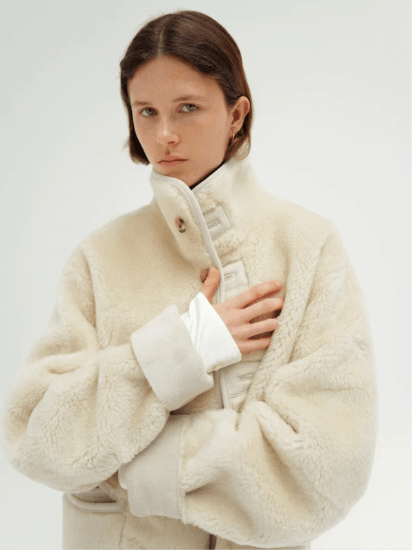 Women's woman womens Double-Sided Lamb Fur Jacket Commute long sleeves stand collar patch pockets Korean Version Straight Tube Woolen Coat Polyester Fiber Outerwear coats outwear chic in ivory-cream