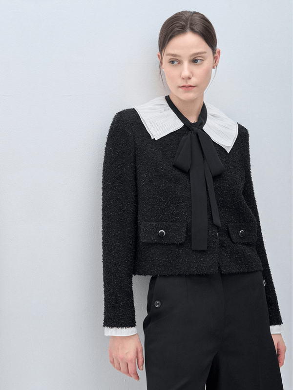 Women’s woman womens Double layer detachable accordion collar sweet coat Korean single-breasted tailored cotton long sleeves Jackets outerwear Fashion outwear blazers in black with white trim