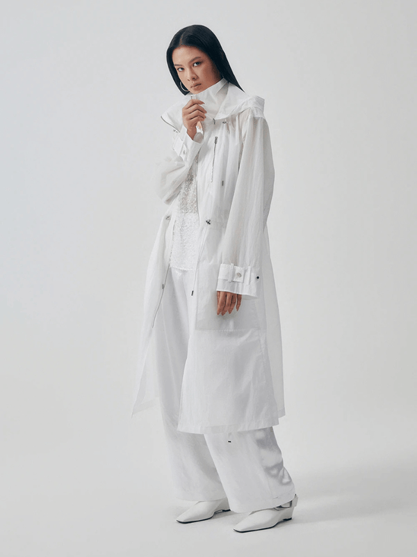 Women’s woman womens Thin long sun protection trending commute long sleeves zipper closure pure color semi-translucent hooded patch pockets straight cut Coats outerwear in white Fashion windbreaker outwear