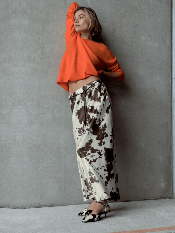 Women's woman womens petite-, tall-, plus-, size Spring Animal cow Pattern Print Silk Satin High rise waist drapey texture polyester fiber full-length satin midi Skirts in brown with white