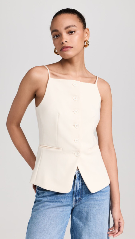 Women's woman womens Button-front short fit pure color sleeveless Simple shoulder bared versatile base layer polyester fiber button-front spaghetti straps tank top in off-white Summer holiday getaway vacation tops