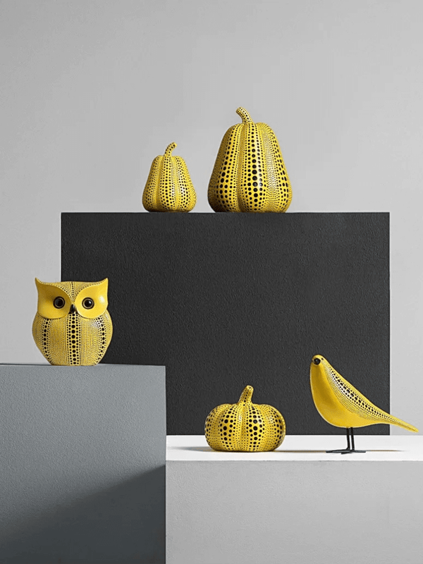 Pumpkin Kusama Yayoi Ornaments Modern Sculpture Polka Dot Owl Bird Art Home Interior Decoration Office Arts Wedding Christmas also in Bird, Owl styles in yellow with black accent color