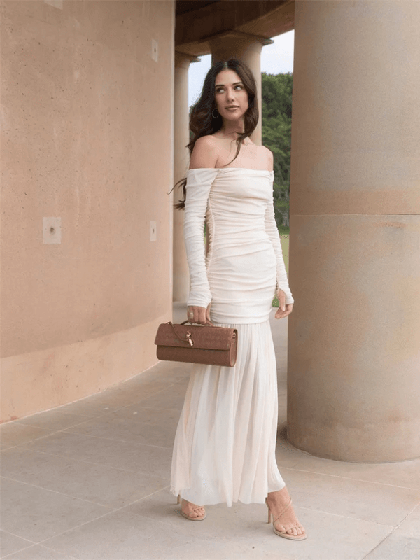 Women’s woman womens Elegant off-shoulder strapless Sexy patchwork backless Long long open finger sleeves pleated long maxi dress in white Summer vacation holliday getaway evening dresses