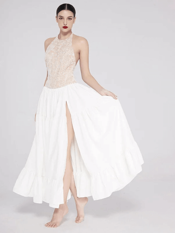 Women’s woman womens Elegant Halter crewneck lace patchwork Sexy crew O Neck sleeveless backless thigh high split A-line long maxi dress in white, with cream-beige accent summer vacation holiday getaway evening fashion