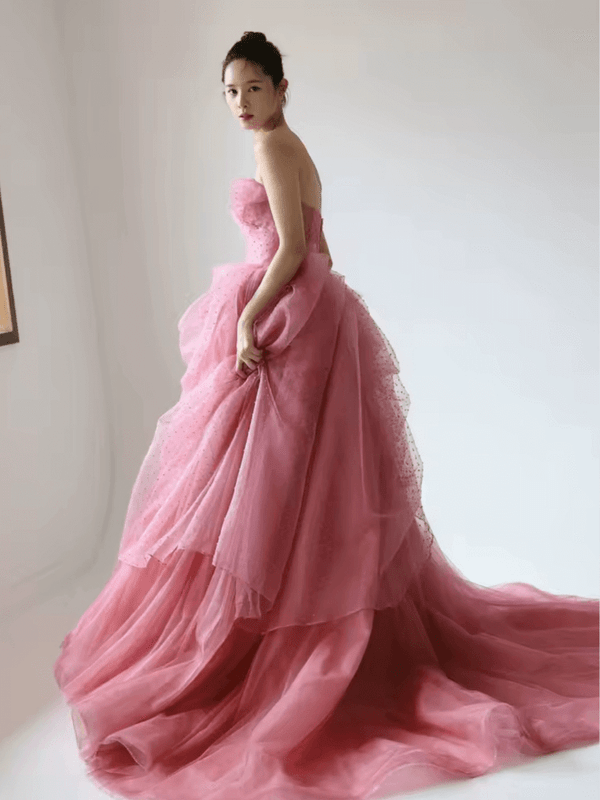 Women’s woman womens petite, tall-, plus-, size Pink Korean Wedding strapless dotted soft tulle bridal ball gown party evening gowns Formal occasion dresses