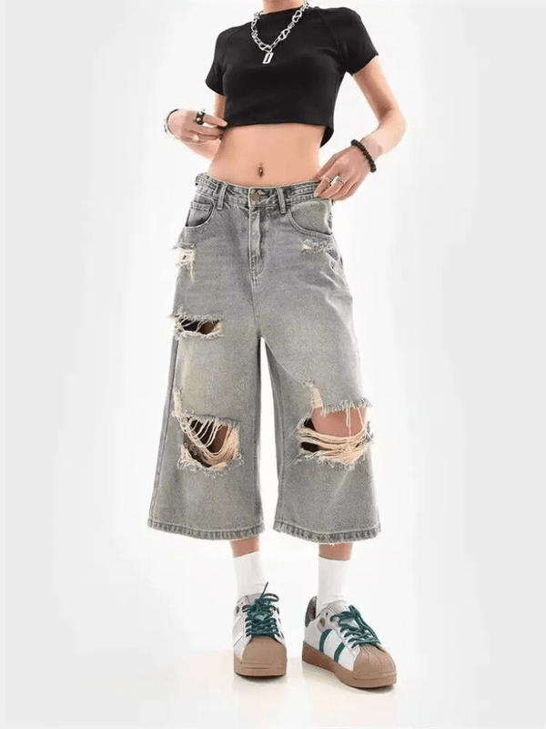 Women’s woman womens tall-, plus-, size Summer Y2k holes Streetwear Oversize Ripped button zipper fly mid rise waist holed mid-calf Baggy Denim Jeans Jorts Shorts Femme Jean Clothing Clothes Pants in light gray grey