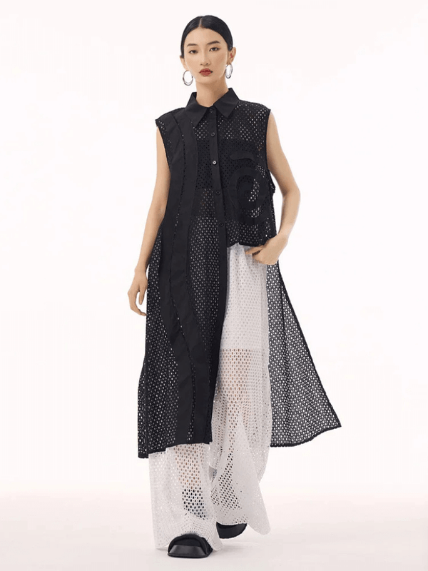Women’s woman womens  Hollow out lace big size long elegant turn-down collar button-up sleeveless shirt dress Lapel Fashion Tide Spring Summer Autumn holiday vacation getaway shirts in black