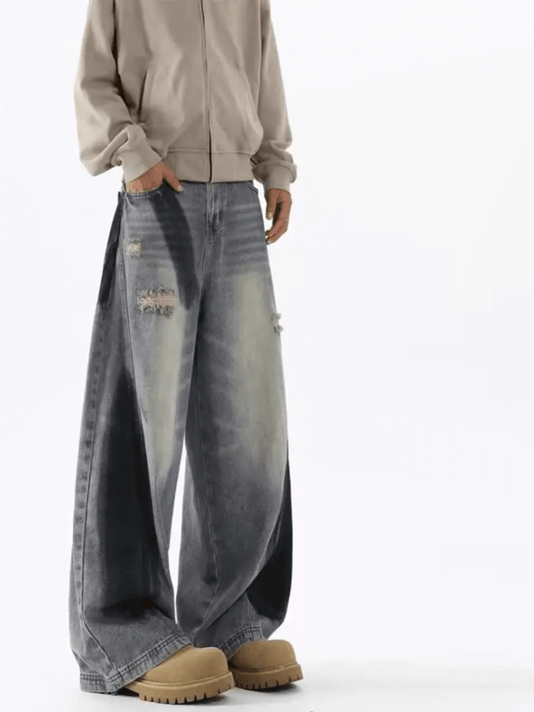 Men’s man mens tall-, plus-, size Paint Splash Chic High Street y2k Oversize loose Baggy stonewashed mid-rise waist zipper fly Denim Trousers Vintage Wide Leg Pants Daily Clothes in distressed hollow out ripped blue Clothing Jeans