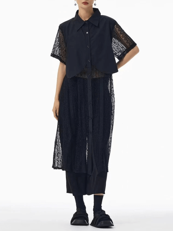 Women’s woman womens hollow out lace perspective big size lapel turn-down collar button-up short sleeves Fashion Tide Spring Summer holiday getaway vacation Midi Shirt Dress dresses in black
