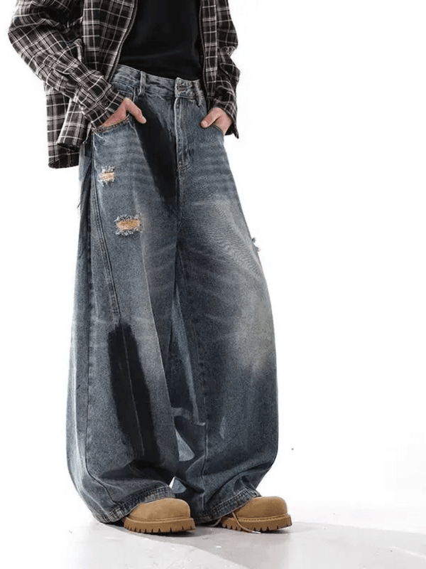 Men’s man mens tall-, plus-, size Japan Style Chic High Street y2k Oversize Baggy Denim Trousers Vintage mid-rise waist Wide Leg zipper fly Pants Daily Jeans Clothes Japanese Clothing in blue