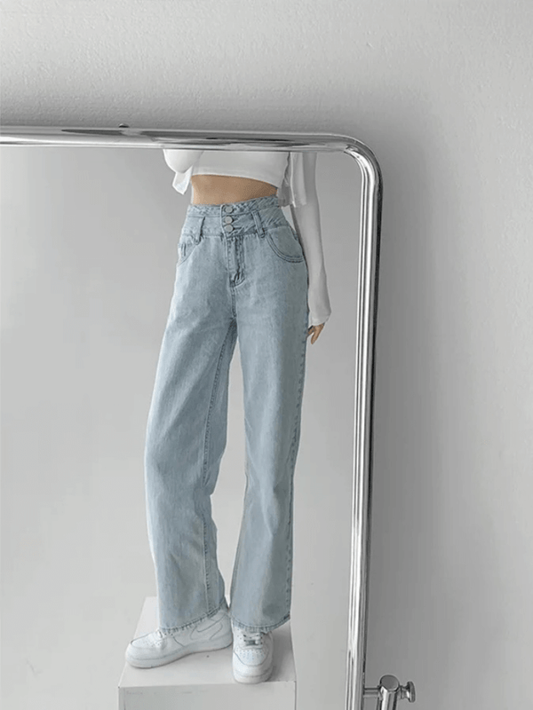 Women’s woman womens tall-, plus-, size Retro High rise Waist Wide Leg Summer Thin Straight Loose Design Sensation Small sence Drapey button close Pants Trendy INS Jeans in light blue vacation holiday getaway fashion