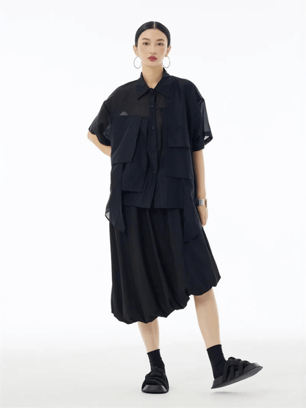 Women’s woman womens Irregular patchwork solid color loose turn-down collar button-up semi-transparent sheer patch pockets personality casual Top Summer Street Trendy Shirts in black holiday vacation getaway style