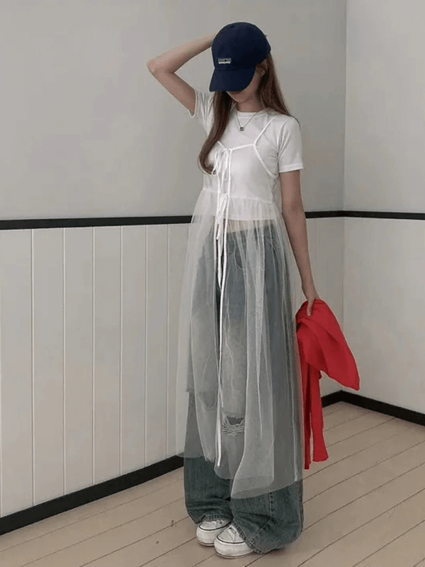 Women’s woman womens Korean sleeveless long mesh overlay tie-back summer layered transparent strapless flowing gown external wear waist holiday vacation getaway overcoat dresses in white