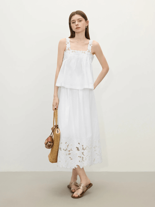 Women’s woman womens Embroidered hollow-out lace floral pattern embroidery Fairy ethereal doll-style sleeveless spaghetti straps Blouse Top and elasticated waist mid-calf concealed zipper close Skirt Set for Summer holiday vacation getaway Design Two-Piece Sets in white