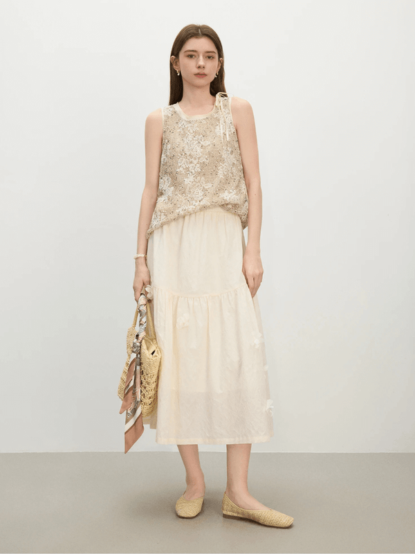Women’s woman womens petite size Summer holiday getaway vacation 3D Floral Beaded Tapered A-Line Silhouette & Artisanal Lace Trim for Elegant party occasions midi skirts in off-white beige