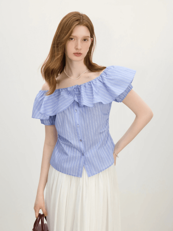 Women’s woman womens petite-, tall-, plus-, size Ruffled two style wear slash neck short-sleeves button-up close stripes shirt Summer vacation holiday getaway season unique design striped blouses ruffles tops shirts in blue with white