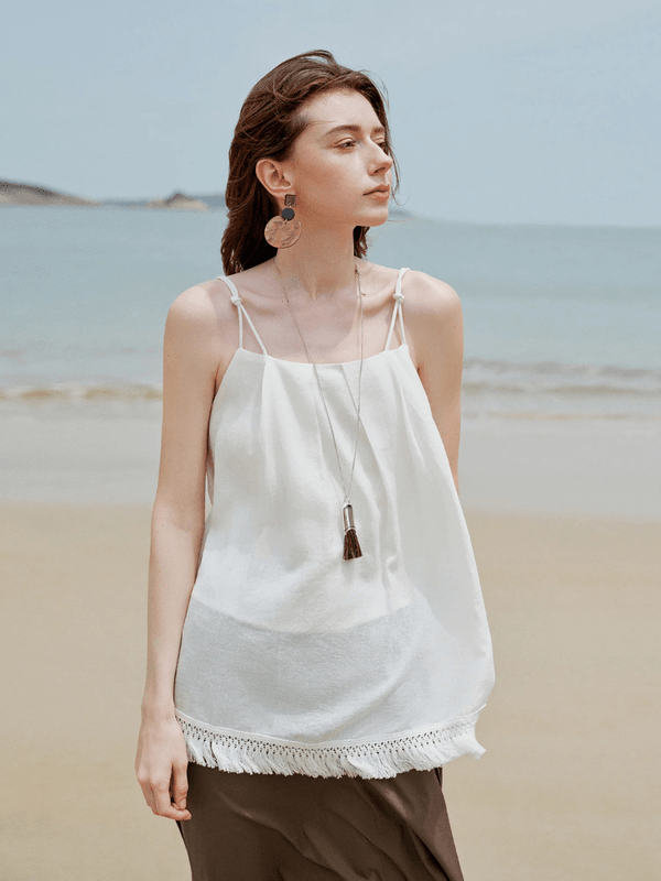 Women’s woman womens petite-, tall-, plus-, size French look style square neck vest with Suspenders spaghetti straps and tassels Elegant fashionable Top Collection tasseled Tank top pleats elasticated mid-rise waist slit side pockets pleated skirts in white, coffee brown Tassel Tank Top skirts in white