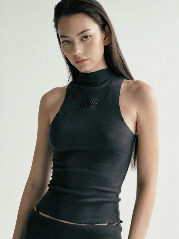 Women’s woman womens Slim fit High Collar American Retro Sport sleeveless polyester cotton spandex blend turtleneck mockneck tank top in charcoal gray grey