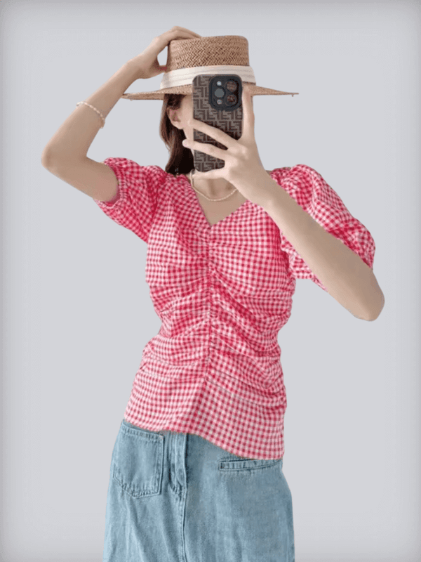 Women’s woman womens French look style sweet red plaid slim fit colorful V-neck short puff sleeves ruched checkered shirt tops For Summer Holiday vacation getaway tops with white