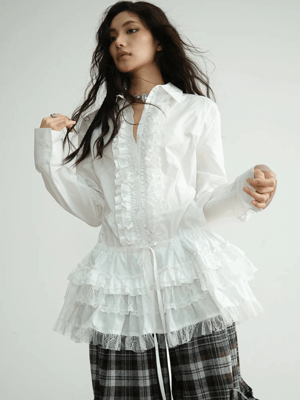 Women’s woman womens Big Size Elegant white lace ruffles blouse v-neck turn-down collar lapel long sleeves tie-up fashion tide Spring Autumn Fall ruffled patchwork layered Shirts tops
