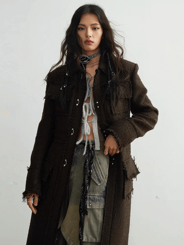 Women’s woman womens Coffee brown patch patch pockets including at chest tassels long elegant woolen turn-down collar lapel long sleeves button-up Jacket Fashion Tide outerwear tasseled coats Autumn Winter outwear