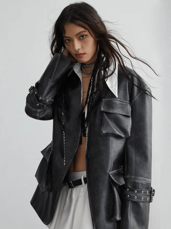 Women’s woman womens Loose fit black pockets big size PU leather turn-down lapel collar long sleeves zipper zip-up close coat Outerwear biker Jackets Tide Spring Autumn Fall Winter fashion outwear