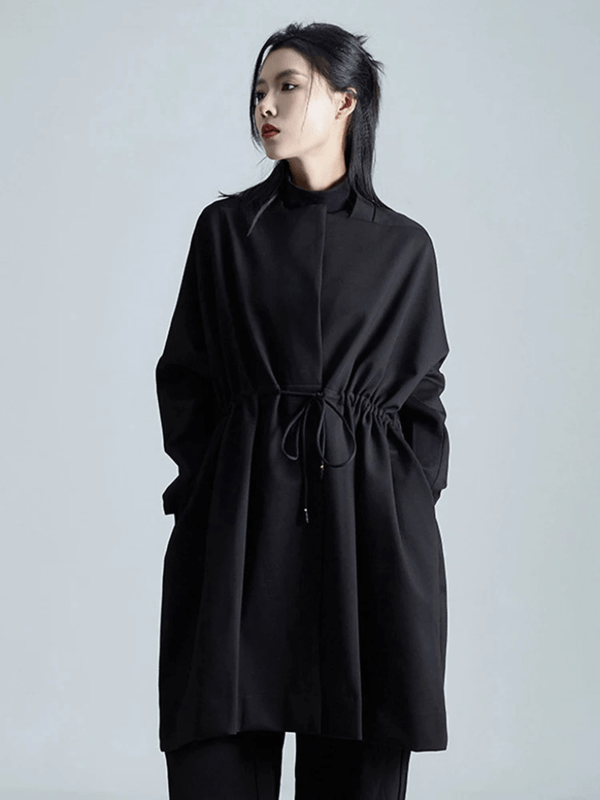 Women’s woman womens Crewneck Loose fit bandage big size long O-neck long sleeves tie-pull slit side pockets Jacket Fashion Tide Spring Autumn Fall Winter crew neck Coats outwear in black