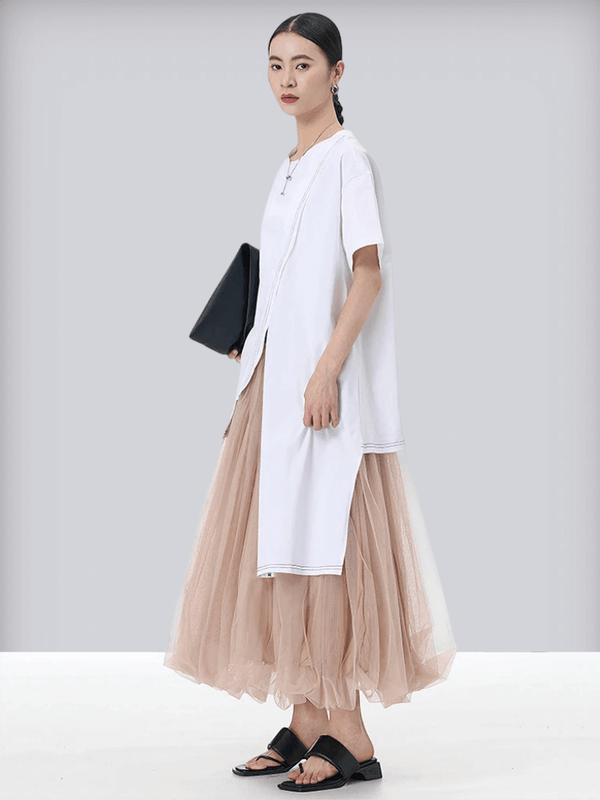 Women’s woman womens High rise elasticated waist layers mesh elegant A-line half-body Fashion Tide Spring Autumn fall winter layered bell partywear midi Skirts in khaki brown