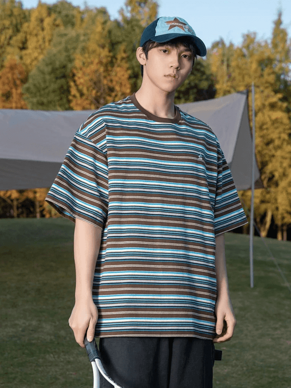 Men’s man mens Genflex Gender neutral Unisex tall-, plus-, size Crewneck Striped Embroidery Summer Color Blocking round crew O-Neck Vintage 100℅ Cotton short sleeves for Couples T-Shirts in coffee brown multi color