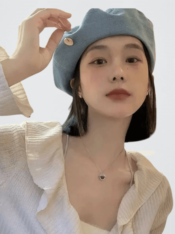 Women’s Womans womens Denim Beret Hat Jeans Berets Painter Hats Spring Beanie Hat Retro Octagonal Cap Ladies Outdoor Leisure Visor Beanies caps headwear in light blue with circular metal cut pin in bronze color