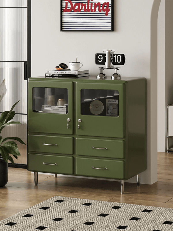 Japanese retro bucket cabinet dining side living room home storage coffee Bedroom drawer glass display cabinets in Olive green